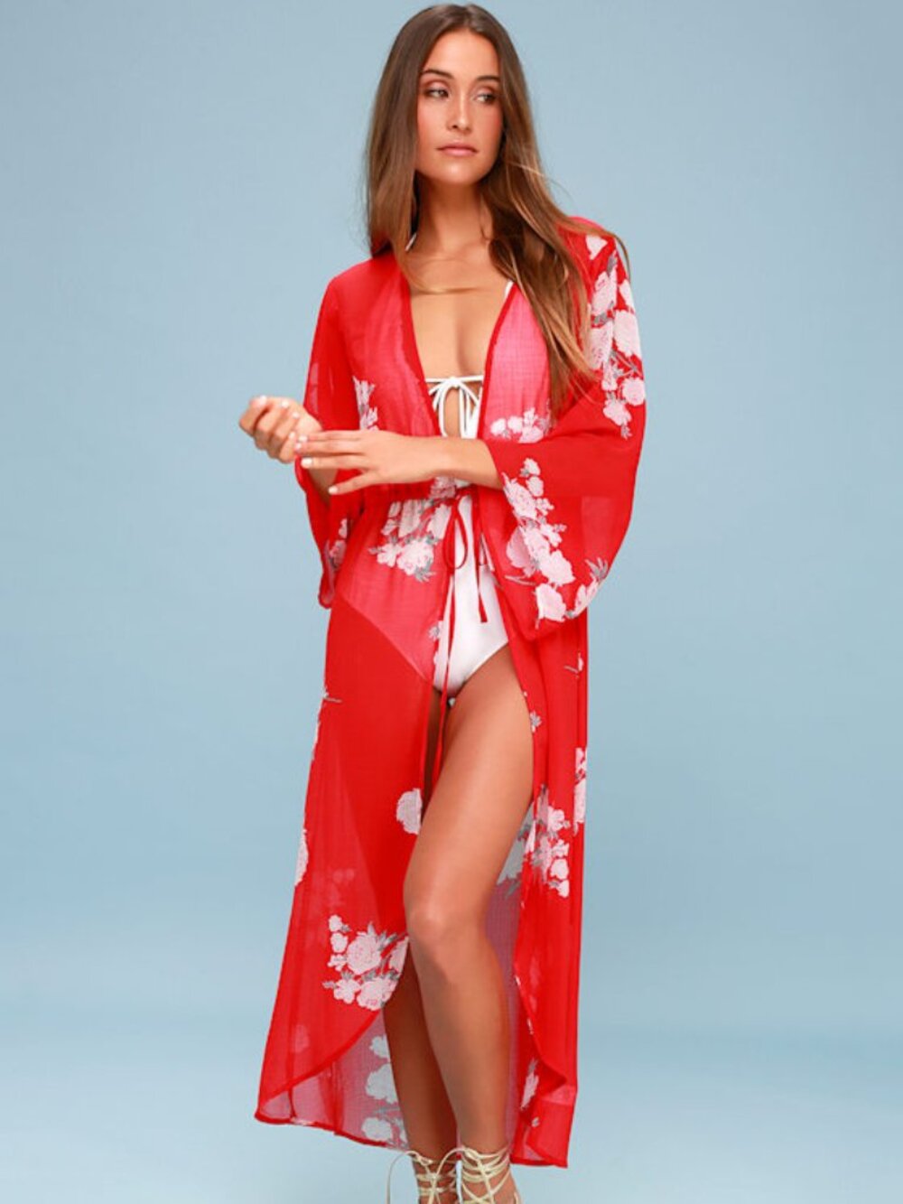 Riviera Roaming Red Floral Print Swim Cover-Up
